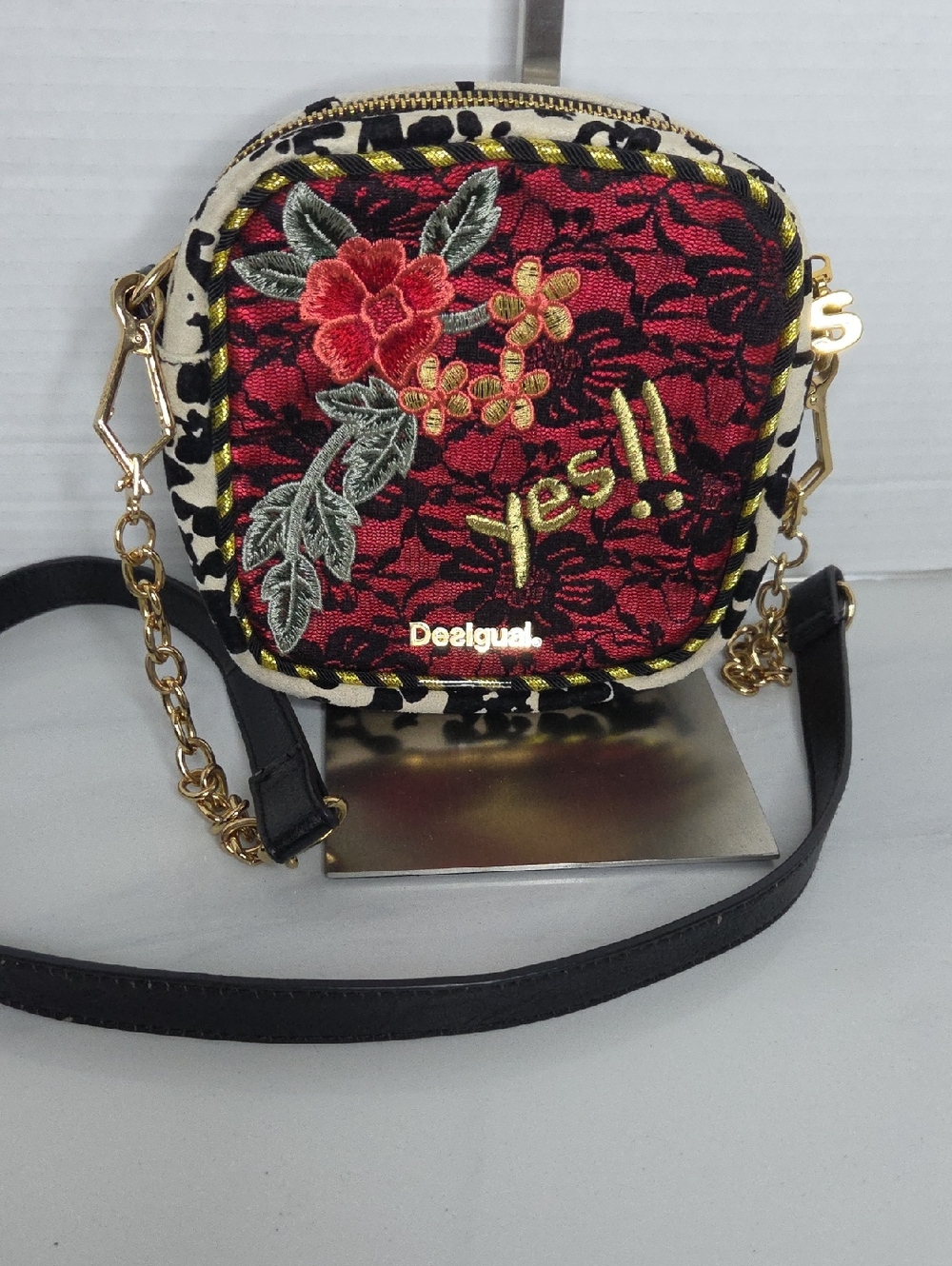 Desigual Red Floral Embroidered Crossbody Bag with Leopard Trim